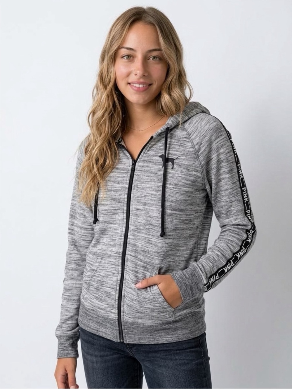 PINK Victoria's Secret Heather Gray Zip-Up Hoodie with Logo Tape Size Small